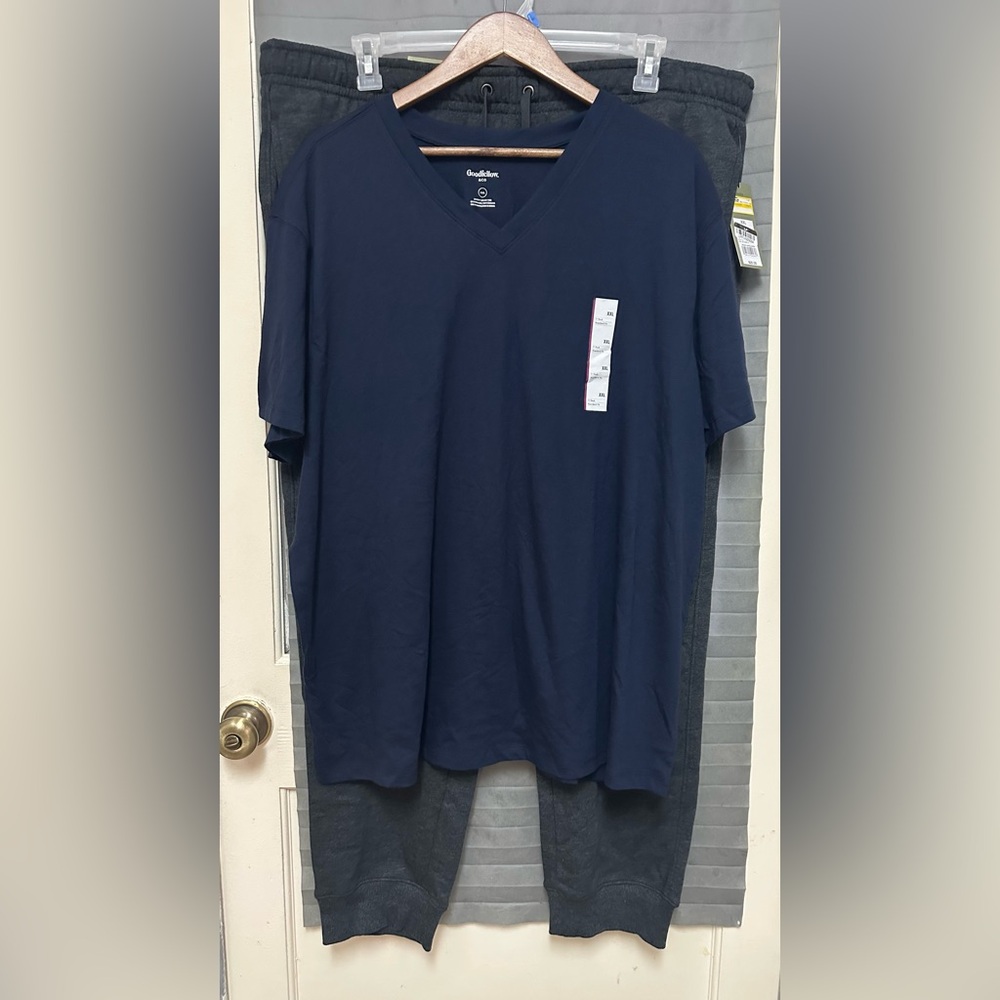 Goodfellow & Co navy blue v-neck t-shirt with dark grey jogger sweatpants XXL